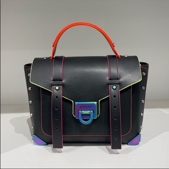 Michael Kors MK Manhattan neon contrast
trim black satchel bag crossbody - Picture 1 of 9